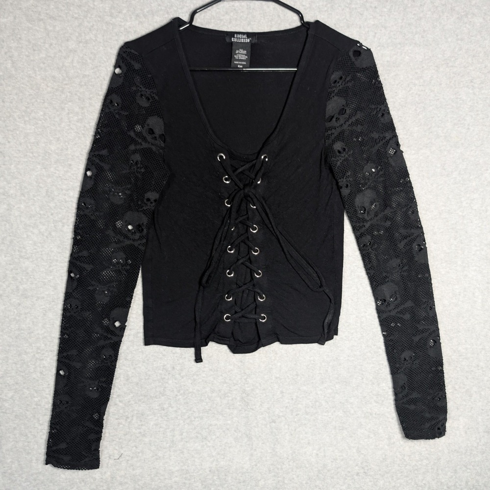 Social Collision Lace Up Top Women Small Black Skull Mesh Sleeves Mall Goth Punk